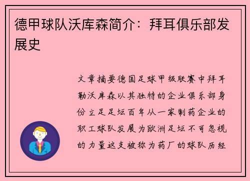 德甲球队沃库森简介：拜耳俱乐部发展史
